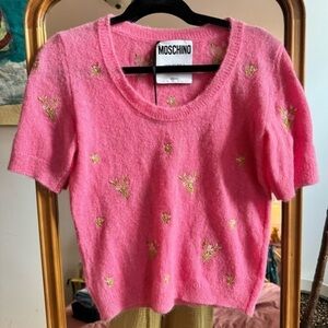 NWT Moschino Couture Mohair Alpaca Barbie Pink Floral Cap Sleeve Sweater EU 38